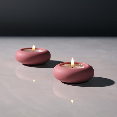 ICNBUYS Juego de 2 portavelas decorativos de guijarro hecho a mano, acento decorativo hecho a mano para calmar cemento terroso y estético, Rosa, Diámetro 6,6 cm