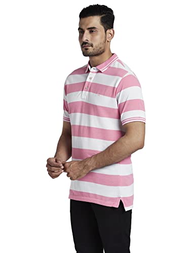 Image of Colorplus Men's Cotton Polyester Blend Stripe Pattern Tailored Fit Polo Neck Half Sleeve Casual T-Shirt