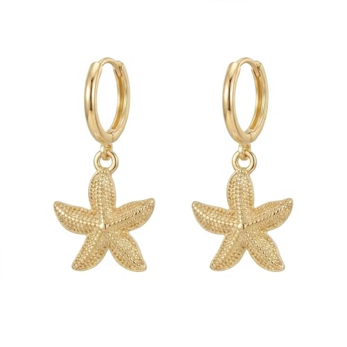 Image of Gold Starfish Mermaid Tail Dangle Drop Earrings for Women, Trendy Cute Pearl Fish Tail Shell Textured Hoop Dangling Earing Summer sea Beach Jewelry Gift.