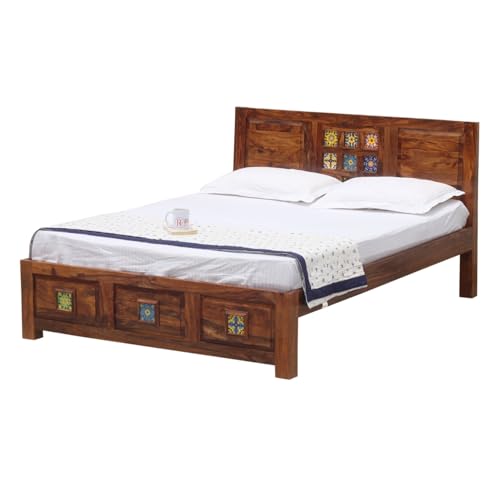 Image of Heritage Tile Design Sheesham Wood Queen Size Bed Without Storage (82x62 Inch) | Wooden Double Bed Cot for Bedroom Furniture | Modern Palang Bed | Honey Finish