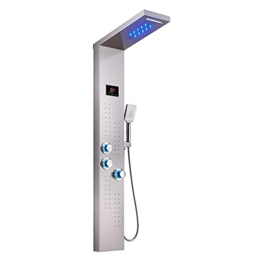 ELLO&ALLO LED Thermostatic Shower Panel Tower System, Rainfall Waterfall Shower Head Rain Massage System with Body Jets (Brushed Nickel)