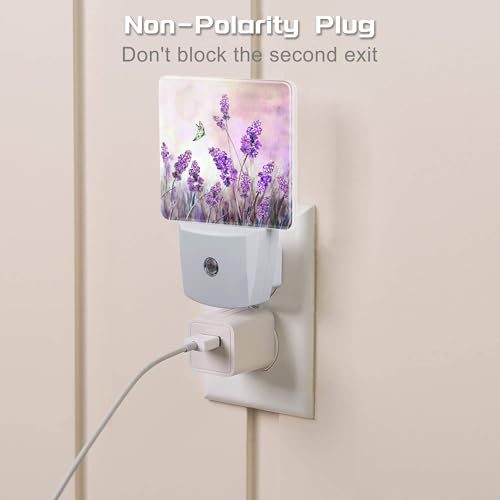 Image of Purple Lavander Flowers Butterfly Night Light Plug into Wall,Watercolor Lavander Floral Dusk to Dawn Night Light,0.5w Energy Saving Sleep Friendly Nightlights for Kids Boys Girls Home