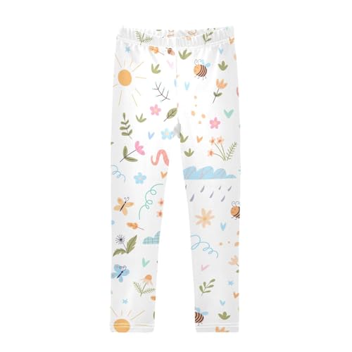 Insects Diverse Flowers Girls Leggings,Workout Leggings for Girls Toddler Athletic Leggings Size for 3-10T