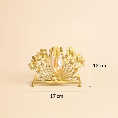 Image of MARKET 99 Metal+Glass Single Votive T-Light Holder Leaf Shape | Decorative Candle Holder for Christmas, Diwali, Birthday & Wedding | Elegant Home Decor Accent for Festive & Ambient Lighting - Golden
