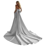 Mouccy Silver Prom Gown 2025 with Removable Train Mermaid Strapless Wedding Dresses Satin Beach Formal Dresses with Bow Size 6