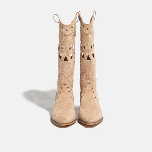 Women's Suede Hollow Out Western Boots Pointed Toe Block Heel Embroidered Cowboy Boot Studded Mid-Calf Boot for Women3