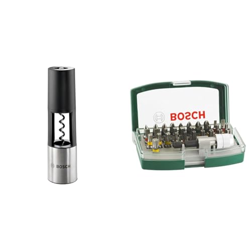 Bosch 1600A001YD IXO Vino Adapter (Corkscrew), Silver Colours + 32pc. Screwdriver Bit Set (PH-, PZ-, Hex-, T-, TH-, S-Bit, Accessories Drill and Screwdriver)