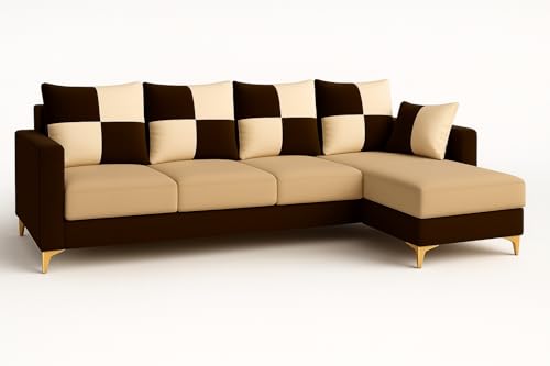 Image of CASASTYLE Brogan 5 Seater Fabric RHS L Shape Sofa Set (Beige-Brown) in Premium Velvet Finish | Durable Comfort | Ideal for Living Room