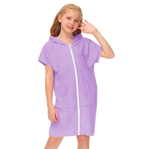 Girls Swim Terry Cloth Cover Ups Kids Swimsuit Coverup Zip-Up Beach Bathing Suit Wraps Summer (a-Purple, 8-9 Years)2