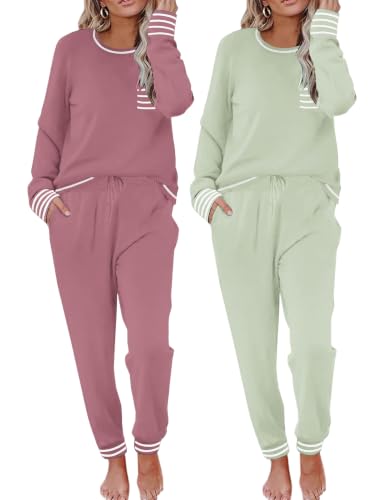 Image of Ekouaer 2 Pack Womens Pajama Sets Long Sleeve Lounge Sets Soft Pj Loungewear Sleepwear