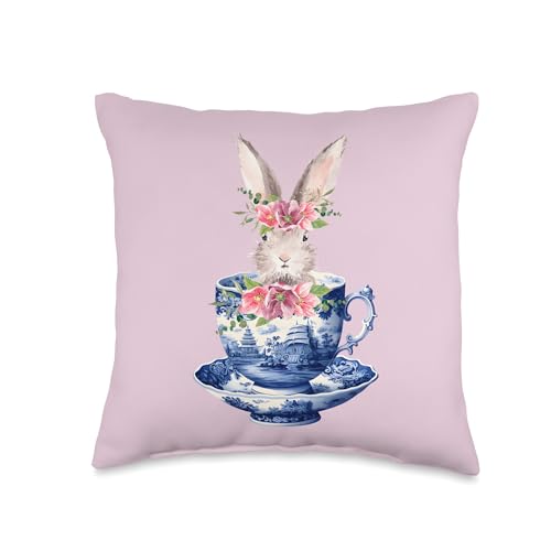 Chinoiserie Tea Cup Watercolor Bunny Flowers Cottagecore Throw Pillow