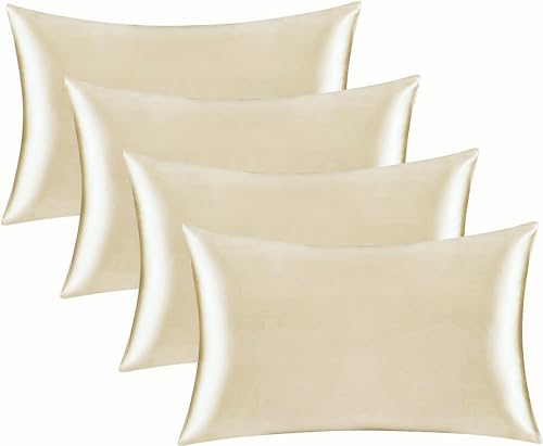 Satin Pillowcase for Hair and Skin, Black Pillow Cases Standard Size Set of 4 Pack Super Soft Pillow Case with Zipper Closure (Beige, Standard(4 Pack))