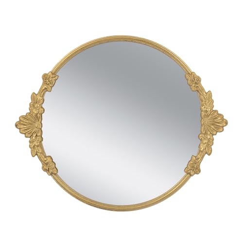 Round Mirror Tray with Gold Iron Frame, 19.1 Inch Decorative Serving Tray with Intricate Floral Accents, Rococo Style Vanity Tray for Bedroom, Living Room, Entryway, Hollywood Regency Home Decor