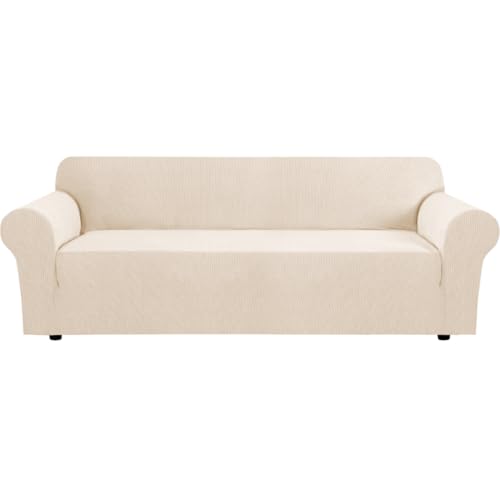 H.VERSAILTEX Stretch Oversized Couch Cover 1 Piece Sofa Slipcovers for Living Room Feature Thick Checked Jacquard Fabric with Elastic Bottom, Sofa X-Large - Natural