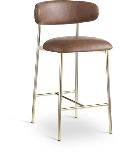 Meridian Furniture 995Brown-C Lupita Collection Moderno Butaco Contemporáneo con Asiento de Cuero Vegano Suave, Estructura Metálica Dorado Cepillado, 20.5" Ancho x 19" Profundidad x 36" Alto, Marrón, Juego de 2 miniatura 4