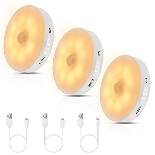 Image of Improved LED Motion Sensor Light Indoor, Bright & Long-Lasting | Rechargeable Battery, Stick-On Motion Sensor Puck Night Lights for Closet, Cabinet, Kitchen, Stairs - Warm 3Pack