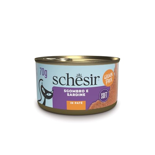 Schesir, Makrelen- und Sardinenpastete, Ergänzungsfuttermittel für Katzen, Originalrezeptur, 100% natürliche Zutaten, 12 Dosen à 70 g