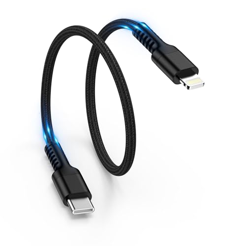 Image of Type C Lightning Cable, Short iPhone Charging Cable, 0.3M, PD, 25W, MFi Certified, Fast Charge & Fast Data Transfer, USB-C Lightning Cable, 11.8 inches (30 cm), Heavy Duty Nylon, GAEF Type-C to iPhone