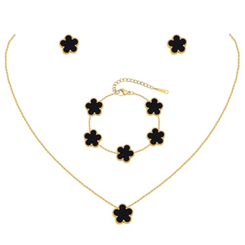 Gold Necklaces Bracelets Earring Set - 18K Gold Plated Flower Bracelet ,Stainless Steel Non Tarnish...