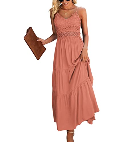 Image of Dokuritu Women's Beach Crochet Lace Maxi Dress Solid Color Summer Vacation Wedding Guest Spaghetti Strap Long Dress