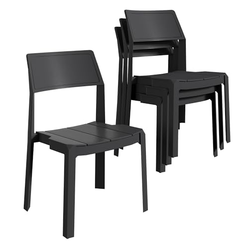 VECELO Stackable Dining Chairs Set of 4, Plastic Patio Chairs for Indoor Outdoor Use in Kitchen, Poolside, Restaurant, No Assembly, Black