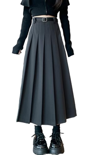 [YY&YY] プリーツスカート ロングスカート ベルト付き ワイド ベルトループ 韓国系 ハイウエストスカート レディース デート服 大人可愛い シンプル 可愛いデイリー 春 夏 秋 大人 ゆったり M L XL 大きいサイズ 美脚 fs29(グレーM)