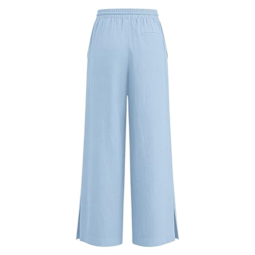 Image of Girls Linen Pants Wide Leg School Uniform Pants Cozy Elastic Waist Summer Casual Beach Lounge Trousers with Pockets