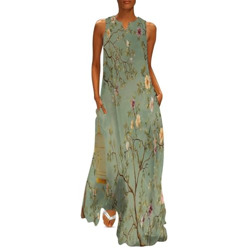Robe sans manches à imprimé peinture fleurs et oiseaux d'été chic