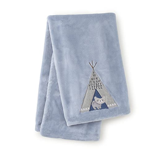 Image of Levtex Baby - Trail Mix Plush Blanket - Appliqued and Embroidered Racoon on Blue Plush - Blue, Black, Grey - Nursery Accessories - Blanket Size: 30 x 40 in.