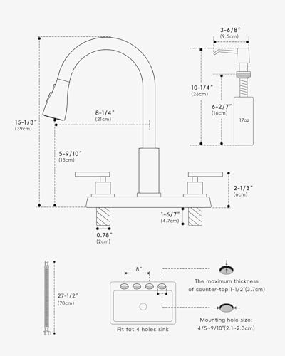 Image of APPASO 4 Hole Kitchen Faucet with Pull Down Sprayer Matte Black 8'' Center | Black Kitchen Faucets with Soap Dispenser, High Arc Modern Sink Faucet for 3-4 Hole Standard Sinks, Lead-Free Certified