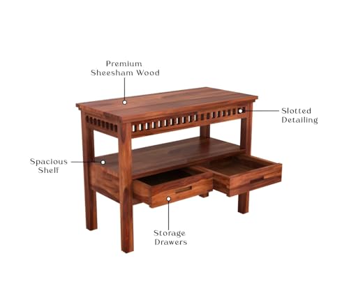 Image of Sheesham Wood Console Table for Living Room | Solid Wood Entryway Hallway Sofa & Fish Tank Table with 2 Drawers & Shelf Storage | Rosewood Honey Finish