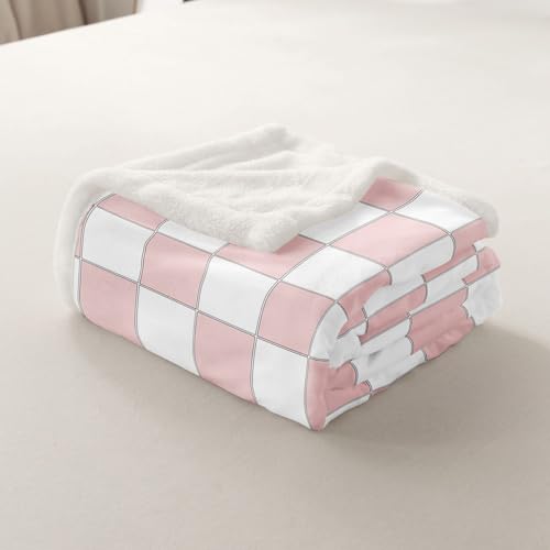 Image of Erosebridal White Pink Plaid Throw Blanket Twin 60 inchX80 inch Light Pink Checkerboard Fleece Bed Blanket for Kids Girls Teen,Checkered Grid Sherpa Blanket Modern Aesthetic Geometric Fuzzy Blanket