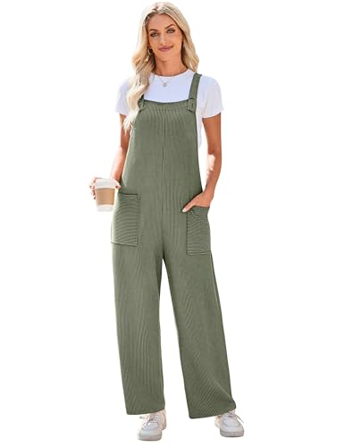 Mono de pierna ancha casual para mujer en punto acanalado holgado con tirantes