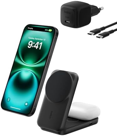 Belkin UltraCharge Chargeur Induction Qi2 25W, Station de Charge 2 en 1 pour iPhone 17, iPhone Air, AirPods, Pixelsnap, Compatible avec MagSafe avec Port-USB-C et Adaptateur 45W - Noir