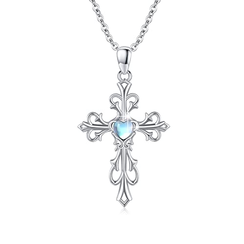 Silikepa Cross Necklace for Women, 925 Sterling Silver, Cross Pendant Necklace with Moonstone, Christian Jewelry, Gift for Women