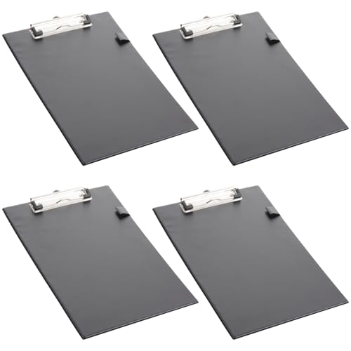 ASelected 4PCS Standard Clipboard A4 Plastic Clip Board Folder Clipboard with Pen Loop and Retractable Hanging Clipboards with Low Profile Metal Clip for Office School Supplies Black