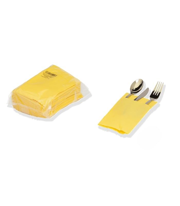 Servilleta canguro 40x40 amarilla, fabricada en tissue 2 capas, acabado microgofrado, específica para introducir los cubiertos. Paquetes de 30 servilletas.Caja de 20 paquetes de 30 servilletas.