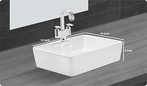 Image of Wash Basin Table Top Over Counter Vessel Sink Glossy Finish White Sink for Bathroom (19 x 15 x 5 Inch)