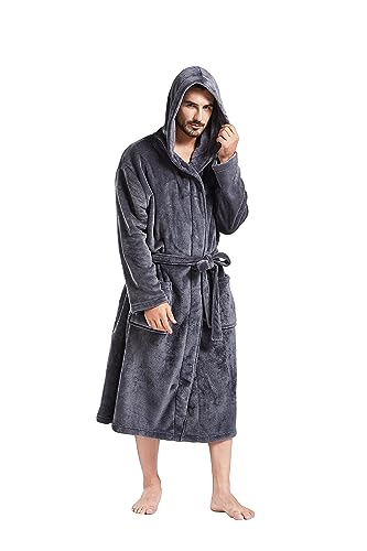 FashGudim Mens Hooded Robe Plush Shawl Collar Kimono Bathrobe Soft Warm Flannel Fleece Spa Robes House Coat Pajamas
