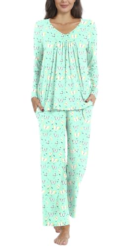 Aodemo Womens Fall 2 piece Pajama Sets Long Sleeve Sleepwear Ladies Pleated Nightwear Pjs Lounge with Pants Pockets XL, Butterfly-Green