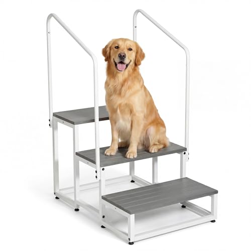 Veehoo RV Steps with Handrail for Dog Outdoor 3 Steps Dog Hot Tub Step with Handrail for 5th Wheel RVs Camper Trailers Non Slip Large Dogs Mobile Home Stairs Waterproof for Car Truck up to 300 lbs