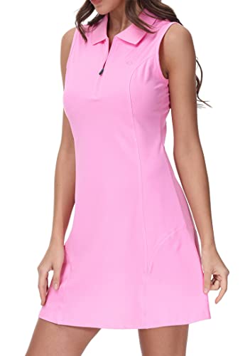 JINSHI Women Casual Sports Polo Dress Sleeveless Cotton Classic Mini Pique Polo Dress Ladies Pink Size XL