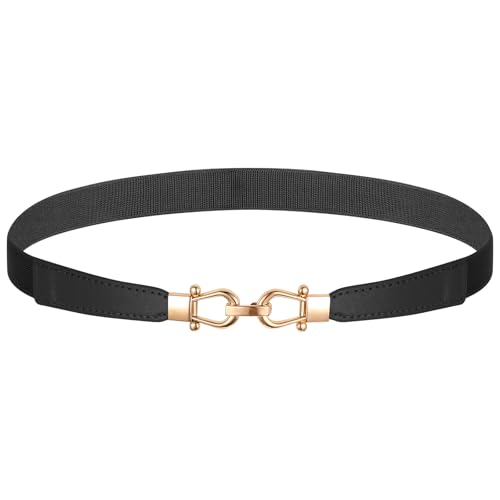 Women Skinny Elastic Belt for Dresses Thin Retro Stretchy Waist Belt with Gold Buckle Retro Solid Color Lock Belts for Ladies Girl Dresses Jeans Pants