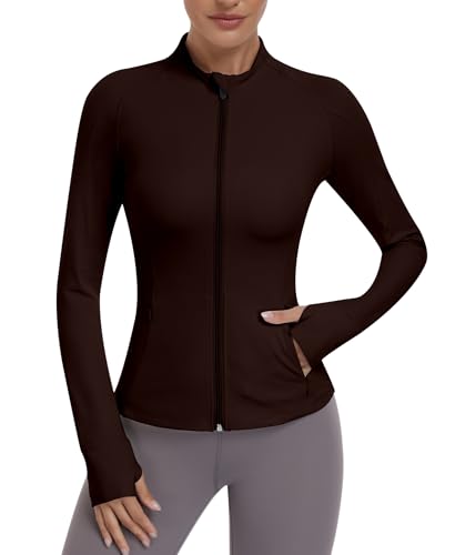 JoyGirl Sportjacke Damen Reißverschluss Laufjacke Taschen Gym Top Yoga Fitness Shirt Leicht Trainingsjacke mit Daumenloch (Braun S)