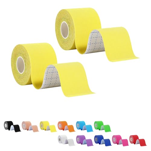 Regular Kinesiology Tape Uncut 2 Rolls, Original Cotton Athletic Sports Tape for Muscle Joint, Pain Relief for Knee Elbow Wrist Ankle Shoulder, 2 in x 16.4 Ft, Yellow