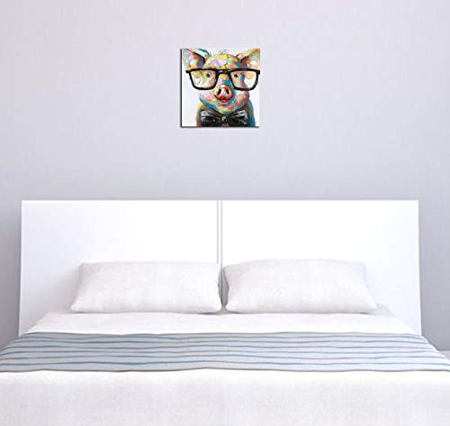 Hand Painted Cute Pig with Glasses Pop Wall Art Canvas Painting Framed Ready to Hang
