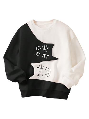 Girl's Graphic Crewneck Cute Sweatshirts Color Block Long Sleeve Cartoon Pullover Tops