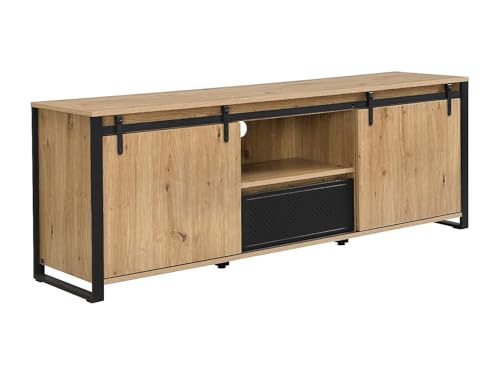 Vente-unique - Mueble TV con 2 puertas correderas, 1 cajón y 1 nicho de MDF y metal, negro – Natural – Bellinaro