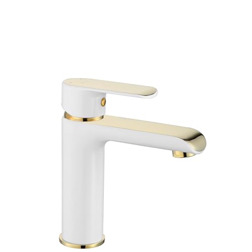 Rea Waschtischarmatur BLOOM WHITE GOLD BAS Wasserhahn Bad Badarmatur aus Messing Armatur für Waschbecken Badezimmer Mischbatterie Waschbecken Einhebel (Weiß/Gold)