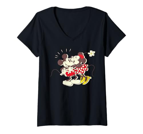 Femme Disney Vintage Mickey and Minnie Mouse Kiss T-Shirt avec Col en V